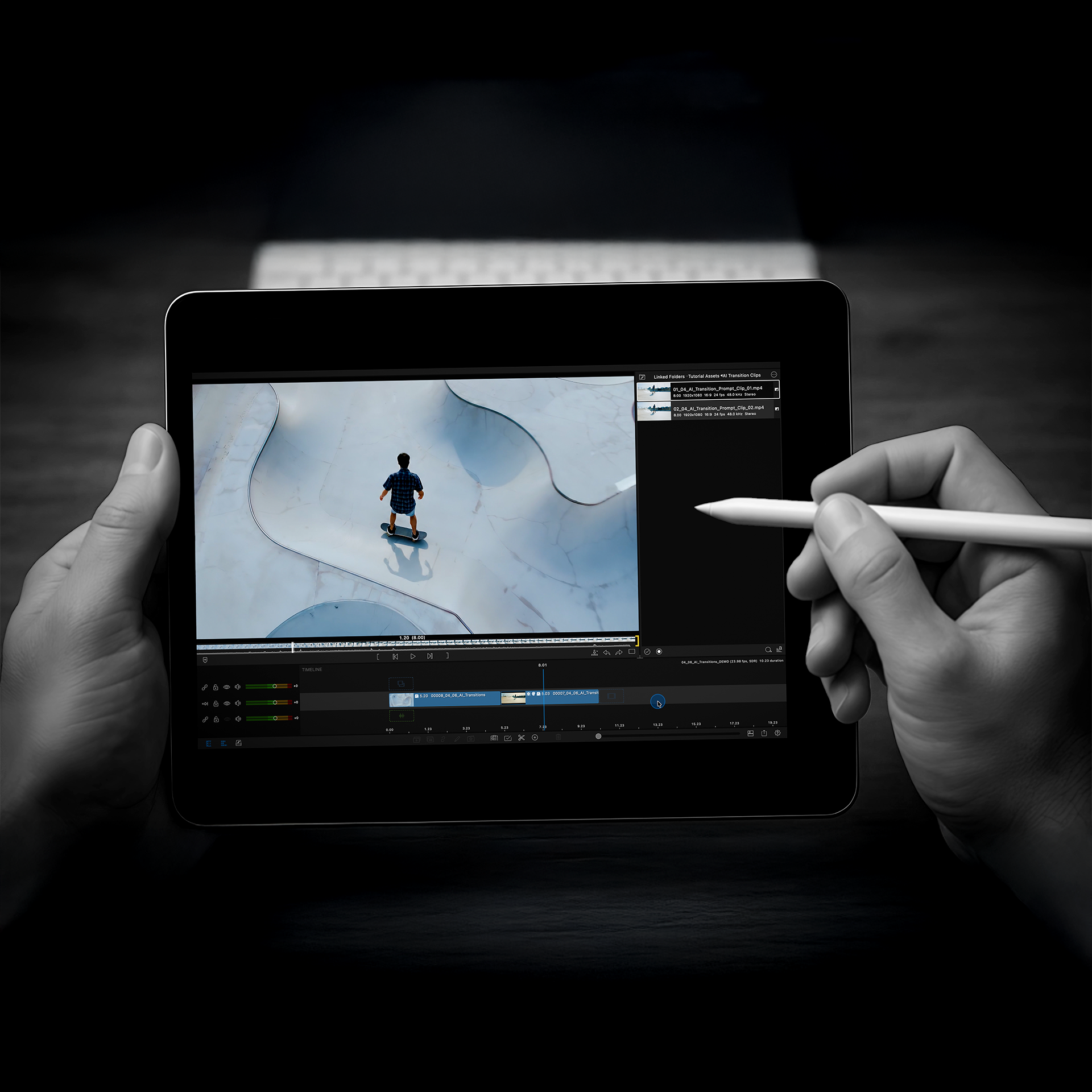 Person holding a stylus over a tablet displaying a video editing interface.