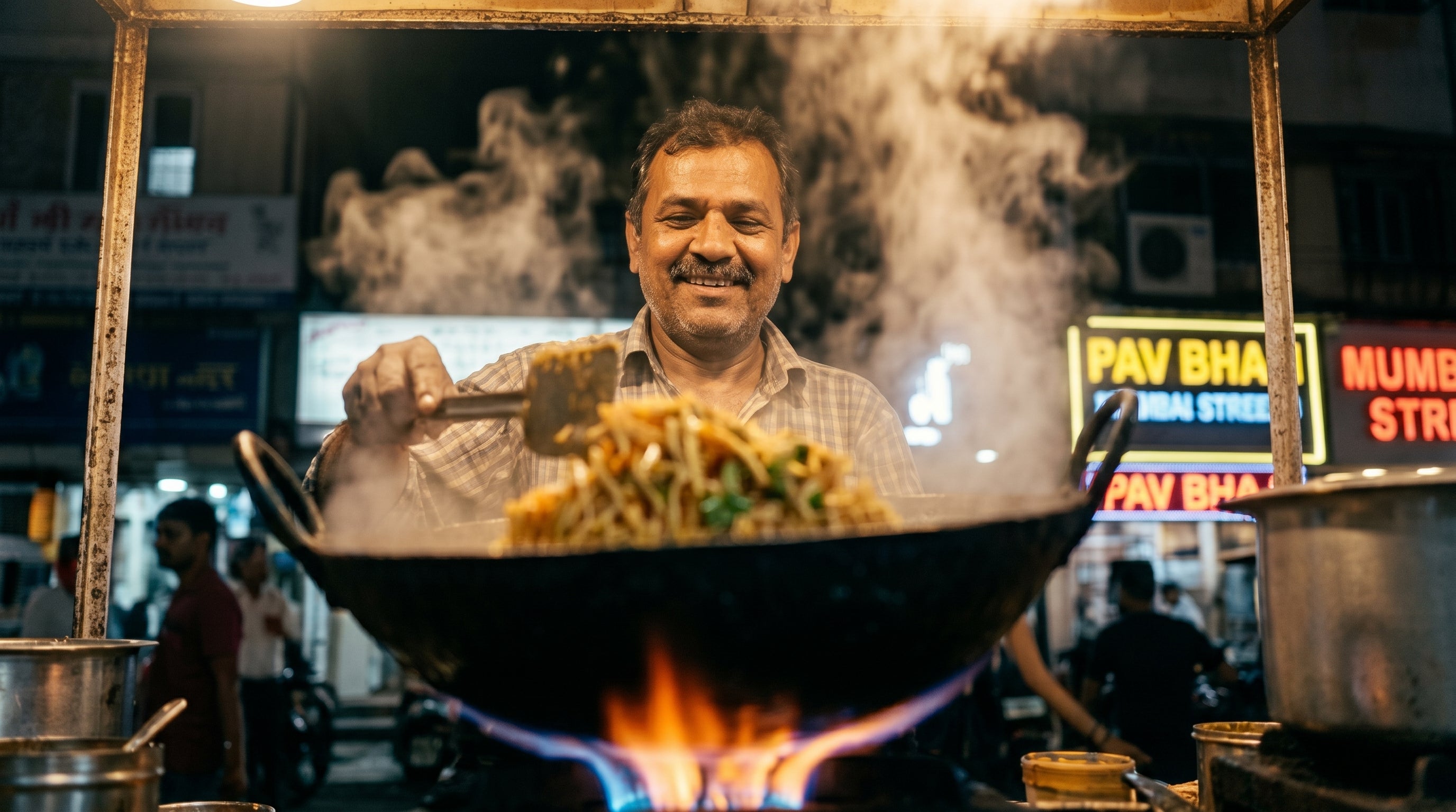 Mumbai Street Vendor cooking food in a pan with flames, surrounded by a bustling street scene.